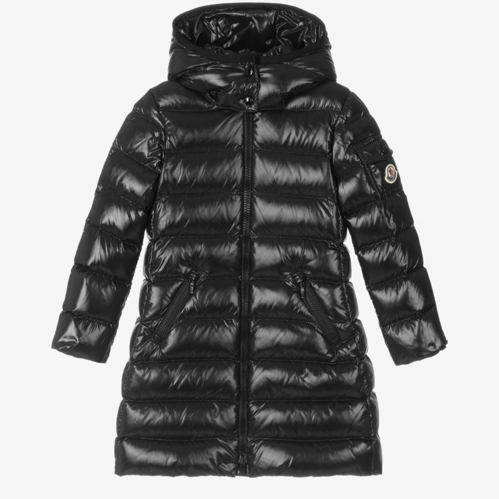 Moncler Kids- Moka Shiny Black Hooded Long Quilted Puffer